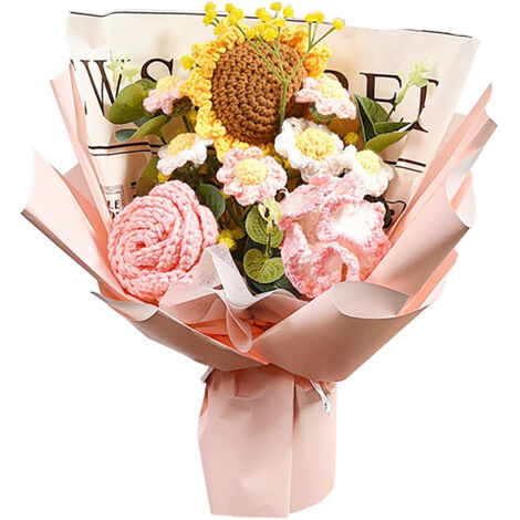 [Handgefertigtes Geschenk] Rosa Garn-Sonnenblumenstrauß mit Geschenktüte, gestrickte Blumen (90 cm) (1/5)