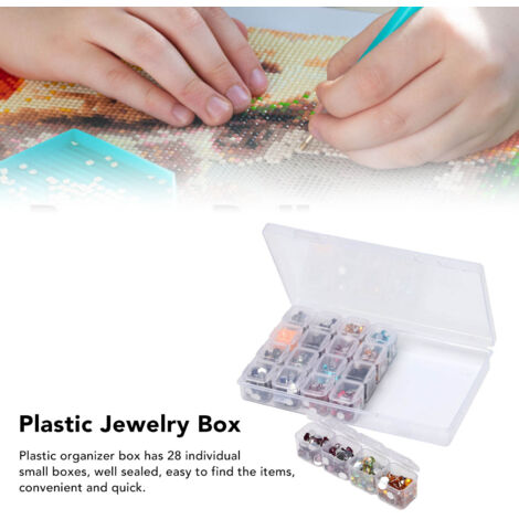 4er-Set Aufbewahrungsboxen aus Kunststoff – 28 transparente Fächer für Schmuck, Steine und Accessoires – Robustes, tragbares ABS – 17,5 x 10,6 x 2,5 cm (1/5)