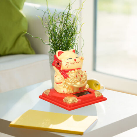 Niedliche, handgeführte Automatenkatze, Glückskatze mit Sonnenmotiv, hübsche, farbenfrohe gelbe Kunststofffigur, hohe Qualität, Einzelpackung