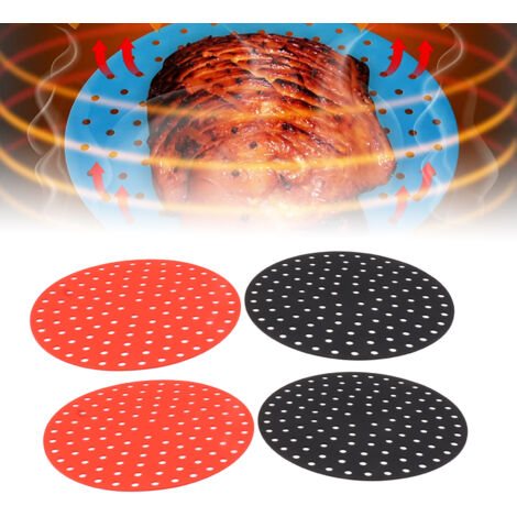 4-teiliges Set runder Silikon-Heißluftfritteusenmatten – Wiederverwendbare, hitzebeständige Antihaftmatten (2 rote, 2 schwarze) 20 cm / 7,9 Zoll (1/5)