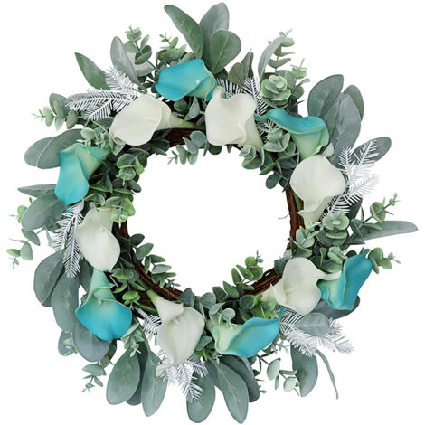 Künstlicher Blumenkranz, Türdekoration mit künstlichem Blumenmuster – Weiß und Blau, PU-Rattan, 40 cm, Heim- und Partydekoration (1/5)