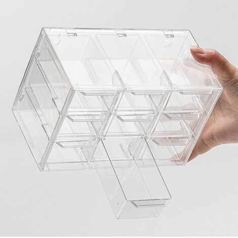 Transparente Schreibtisch-Organizer-Aufbewahrungsbox mit 9 Fächern, staubdichtem Deckel, kompaktes Design, PP, 12 x 10 x 18 cm, 1 Stück (1/5)