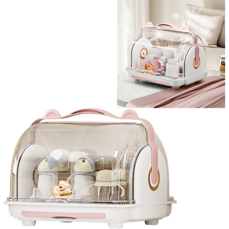 Babyflaschen-Aufbewahrungsbox mit transparentem Deckel und integriertem Abtropfgitter – Robuster Besteckkasten aus Kunststoff für Kinder – 1450 g – Rosa (1/5)