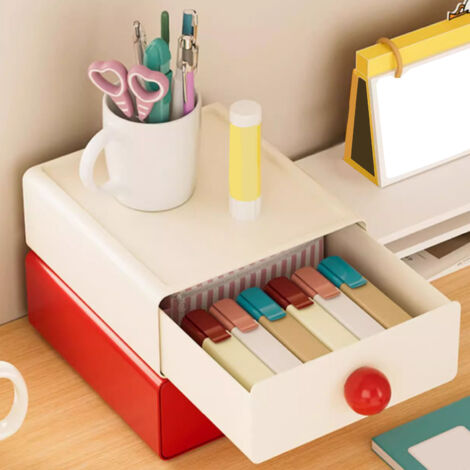 Stapelbare Aufbewahrungsbox aus Kunststoff mit großem Fassungsvermögen und ausziehbarer Schublade für Stifte, Kosmetikartikel und mehr – weiß und cremefarben. (1/5)
