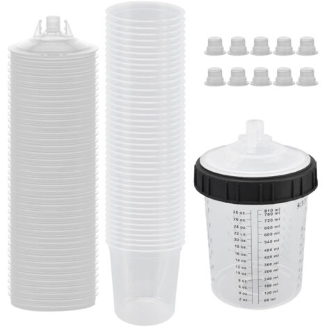 Set mit Farbspritzpistolen-Einsätzen und -Verschlüssen – Packung mit 40 x 810 ml/28 oz Einsätzen + 40 Filterkappen + 1 Messbecher + 10 Verschlusskappen + 1 Sicherungsring (1/3)