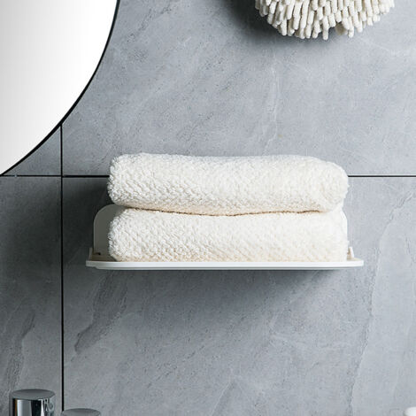 Zusammenklappbares, wandmontiertes Badezimmerregal [Weiß, Kunststoff, Groß] – Schwebendes Regal für Kleidung und Accessoires – Kein Bohren erforderlich (1/5)
