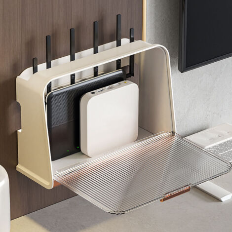 Große, wandmontierte Aufbewahrungsbox mit Deckel für WLAN-Router, Steckdosenleiste und Kabel. Beige. Maße: 30 x 12 x 22 cm. PP/PET