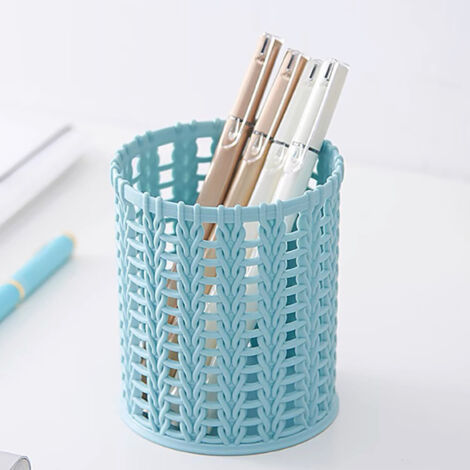 Großer, perforierter Stiftehalter aus Kunststoff, stilvoller Korb im Rattan-Stil für Büro/Studenten, blau