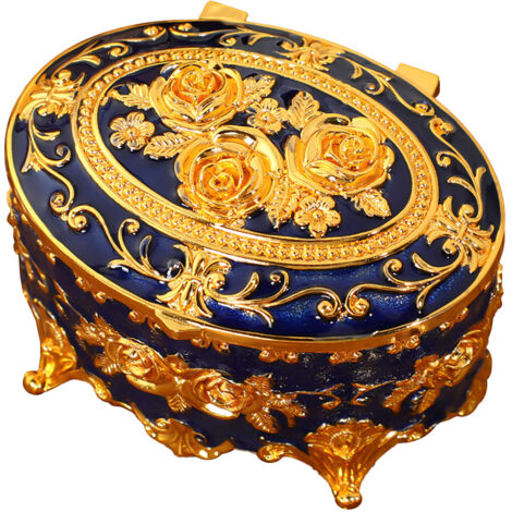 Metallene Schmuckschatulle mit floralem Dekor und Schloss - Elegante Schmuckschatulle, verziert mit Rosen und königsblauen Emaille-Motiven, zur Aufbewahrung und Präsentation im Ankleidezimmer. (1/3)