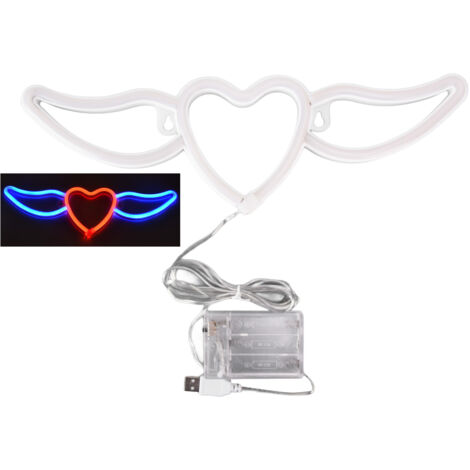 [Neonlicht] Herzförmiges LED-Neonlicht mit Flügeln für Valentinstag und Hochzeit, Blau/Rot, Höhe: 11 cm, Breite: 35 cm, ABS/PVC, IP45, 300 lm, Dual-USB, AA-Batterien