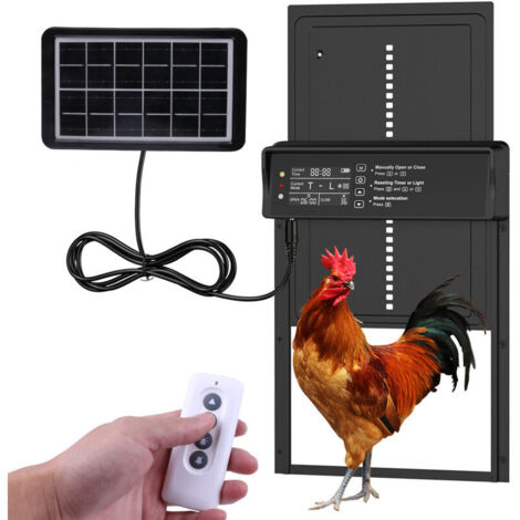 Puerta automática para gallinero, alimentada por energía solar, con sensor de luz y control remoto – LED, temporizador integrado. (1/4)