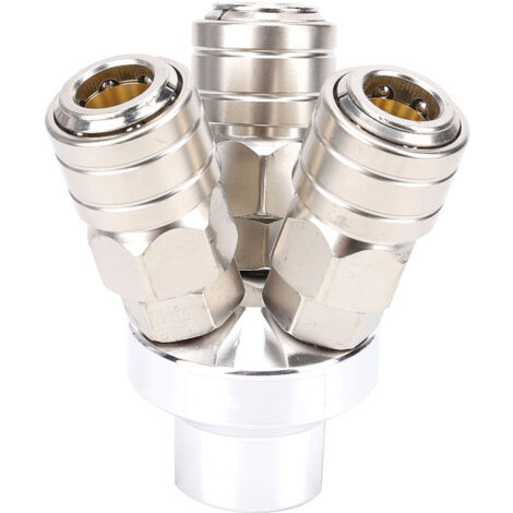 Acoplamiento rápido de 3 vías fabricado en acero inoxidable niquelado con rosca G1/4" para mangueras de poliuretano. (1/5)