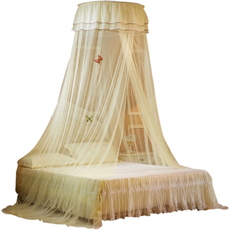 Dosel de cama universal tipo cúpula, entrada individual, mosquitera de malla fina con volantes, estilo princesa, decoración de dormitorio, fácil montaje, color beige. (1/5)