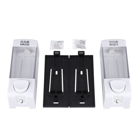 Dispensador doble de líquidos para montaje en pared, 2 x 350 ml, para jabón, champú y gel de ducha. Recipiente transparente de ABS blanco con bomba (13 x 6,5 x 17,5 cm). (1/5)