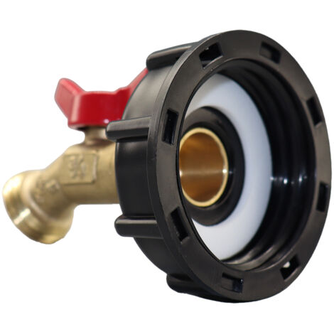 Adaptador de válvula de bola IBC para conexión de bidones, junta de cobre de 60x6 mm/62 mm, 1/2", negro, 79 g, resistente a la corrosión. (1/5)