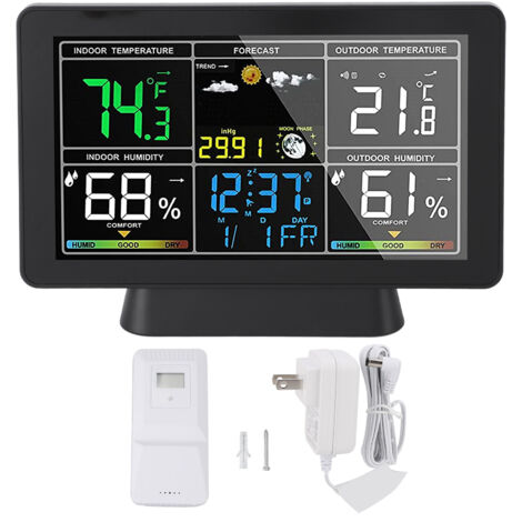 Estación meteorológica inalámbrica para interiores y exteriores con sensor de distancia, pantalla LCD a color de 7,5 pulgadas, pronóstico del tiempo, higrómetro, barómetro, alarma de temperatura y com