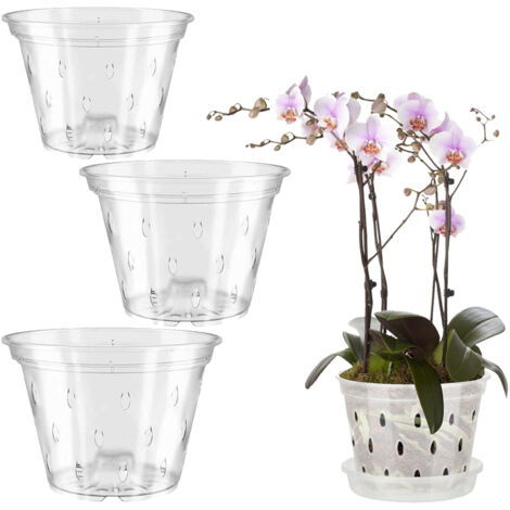Macetas para orquídeas Phalaenopsis [3 macetas NYED125 + 3 macetas NYED150 + 3 macetas NYED170 con platillos] Juego de 9 piezas, plástico transparente que sella las raíces.