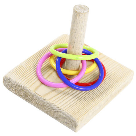 Juguete para periquitos: juego de apilamiento con base de madera y 5 coloridos anillos acrílicos para entrenamiento y diversión. (1/5)