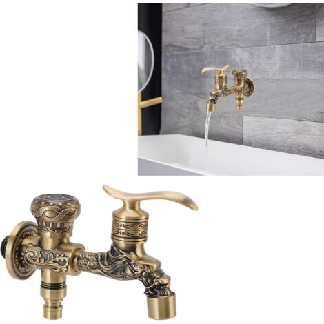 Grifo de baño con 2 manijas, 1 orificio, cobre patinado con recorte de dragón antiguo para montaje en la encimera del lavabo. (1/5)