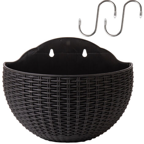 Macetero colgante de pared con imitación de ratán, macetero semicircular con sistema de riego automático y doble depósito de PP para uso interior y exterior, balcón, negro (21 x 16,5 x 10,5 cm con 2 g (1/5)