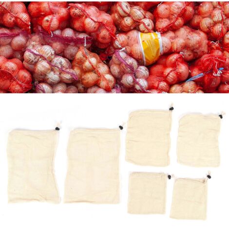 [Bolsas de almacenamiento] Juego de 6 bolsas de algodón con cordón, colador para frutas y verduras, lavables a máquina, 3 tamaños. (1/5)