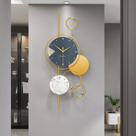 Reloj de pared moderno, silencioso y decorativo para salón, oficina o dormitorio, de madera y metal con textura de mármol, 32 x 70 cm, mecanismo de latón, incluye asas.
