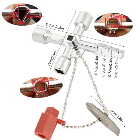 Llave universal multifuncional 4 en 1 fabricada en aluminio (cruz, cuadrado, triángulo) para armarios de control, ascensores, válvulas, puertas de trenes y contadores de agua.