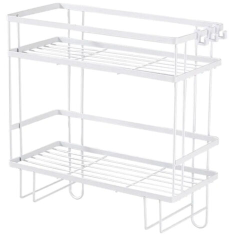 Estantería de hierro para inodoro con doble estante y ganchos, blanca, grande, no requiere taladrar, impermeable y robusta – almacenamiento para el baño