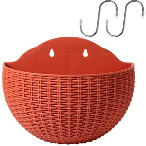 Macetero de pared con aspecto de ratán – Macetero de pared semicircular con sistema de riego automático – PP – 21 x 16,5 x 10,5 cm – 2 ganchos en S – Rojo ladrillo (1/5)
