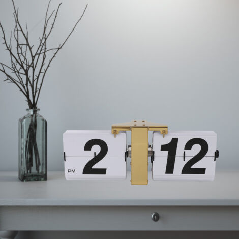 Reloj despertador automático plegable Esfera digital vintage, funciona con pilas Reloj mecánico de acero inoxidable para mesa o pared 36 cm, blanco con soporte dorado (1/5)