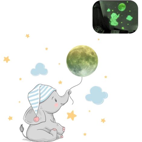 Decoraciones luminosas para pared: pegatinas fosforescentes de PVC, juego de 4 piezas para armar (elefante bebé, astronauta, estrella, luna). (1/5)