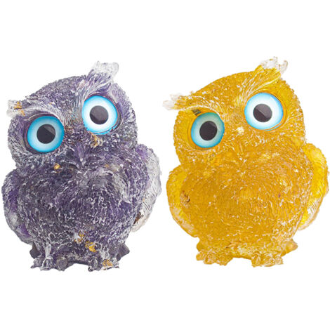 Decoración/adorno de oficina hecho de resina epoxi de cristal natural (citrino + amatista) – Dos búhos, regalo o accesorio de oficina