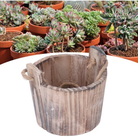 Macetero rústico vintage de madera de pino con forma de barril para pared y jardín – Maceta redonda (13 cm) para terraza, oficina y hogar.
