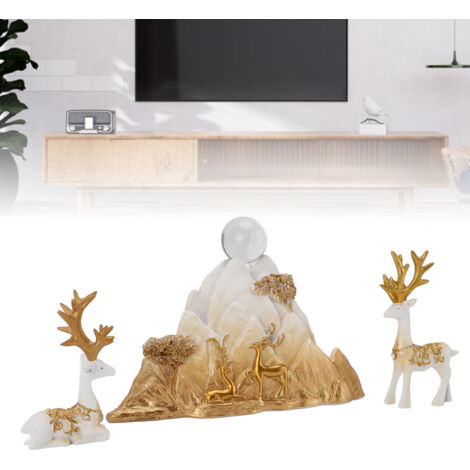 Figuritas de ciervos de resina sentados y de pie con bola de cristal y escultura de roca de montaña: elegante conjunto decorativo para sala de estar y oficina.