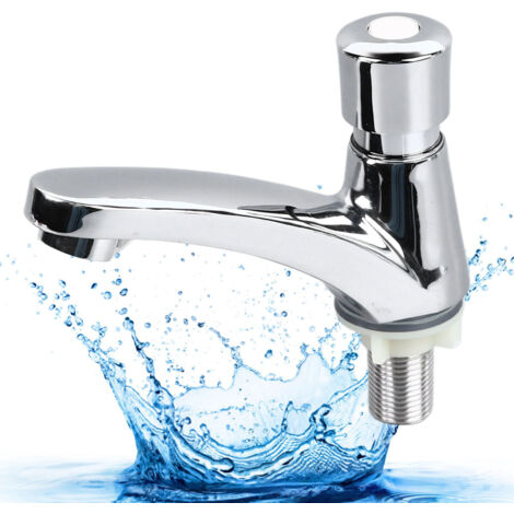 Grifo de lavabo con activación retardada mediante pulsador, ahorrador de agua, fabricado en aleación de cobre robusta e higiénica.