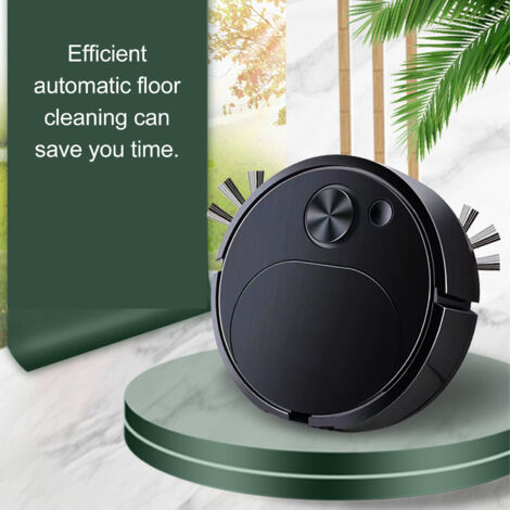 Robot aspirador 3 en 1 con bajo nivel de ruido y gran potencia de succión para polvo y pelo – 16,5 cm de diámetro, negro