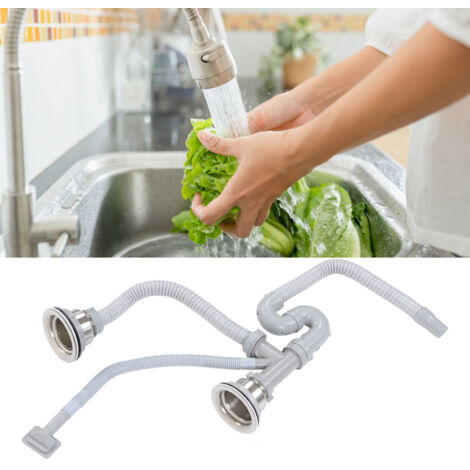 Tubo de desagüe doble para fregaderos de cocina con codo en S que inhibe los olores [Juego de tubos de desagüe para fregadero de cocina fabricado en acero inoxidable y ABS] – 12 accesorios [702 g] Fle