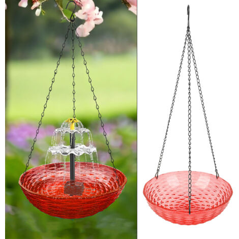 Fuente para pájaros con energía solar  Fuente colgante para pájaros con burbujeo  Fuente colgante con burbujeo para el jardín con un robusto recipiente de plástico rojo alimentado por energía solar.