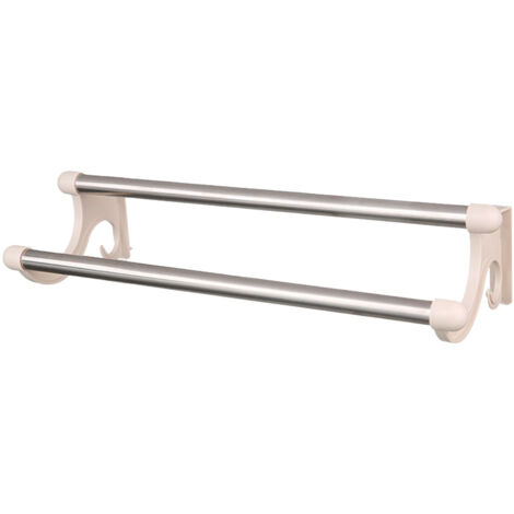 Toallero doble de pared fabricado en acero inoxidable y plástico, barras para toallas sin necesidad de taladrar, 33,5 x 13,5 x 9 cm, beige.