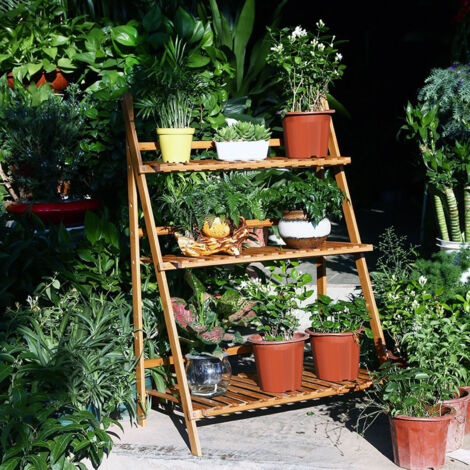 Soporte para flores de bambú de varios niveles, 70x40x96cm con herramienta de plantación (aspecto madera). (1/5)