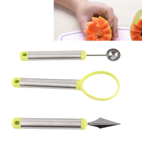 Juego de herramientas de cocina de 3 piezas para tallar frutas y bolas: cortador de galletas, cuchillo para tallar, ABS + acero inoxidable 430, verde, multiherramienta para el hogar y el restaurante. (1/5)