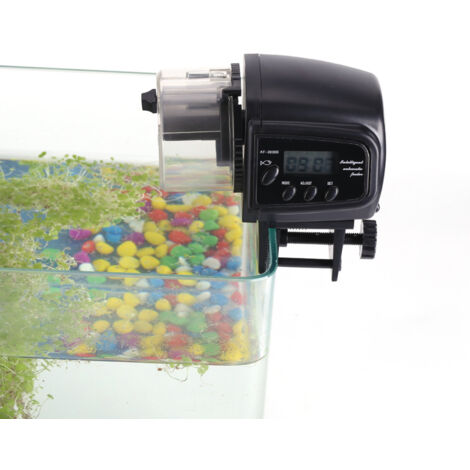 Alimentador automático digital para acuarios con temporizador LCD, dispensador electrónico para escamas, gránulos y pastillas – 11 x 11 x 7 cm, negro, pilas AAA no incluidas