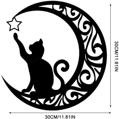 Letrero metálico "Gato Negro en la Luna", galvanizado en plata/negro, colgante creativo de 30 cm, fácil de instalar en ventana/repisa.