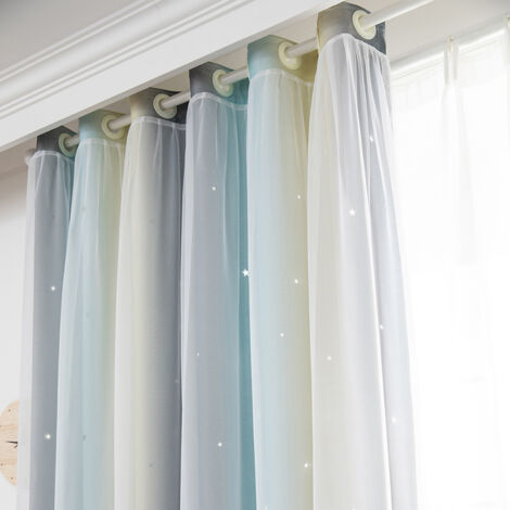 Cortina doble de voile con estampado de estrellas, tamaño único 53" x 95", color negro/beige claro con anillas de plástico para habitación de niña/sala de estar.