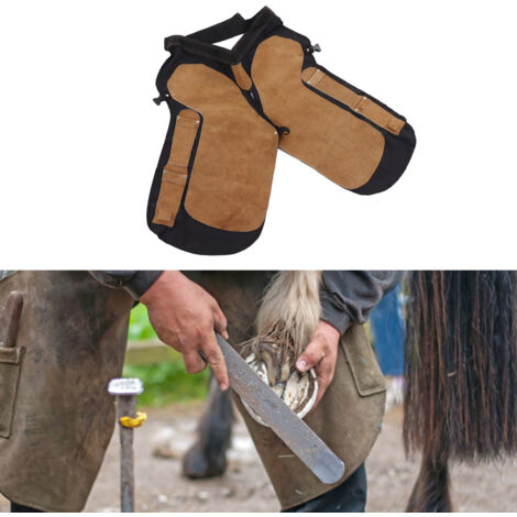 Delantal profesional de cuero para herrador con 4 bolsillos e imanes, para herrar y proteger los cascos. (1/5)