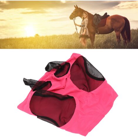 [Mascarilla antiinsectos para caballos] Mascarilla transpirable y elástica con protección para las orejas, tejido de malla, rosa, 44 x 36 cm