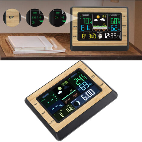 Digitale Wetterstation mit externem Sender, Schutzart IP54 – ABS/Bambus, Innen-/Außentemperaturerkennung (-40 °C bis 70 °C), 433 MHz, Farbdisplay, Alarme, 5 Sprachen, 18 x 14 cm
