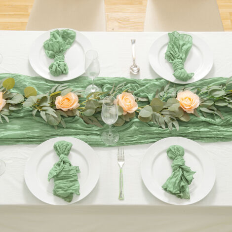 Mantel de lino plisado con borde festoneado para la mesa del comedor – Mantel flexible y elegante para ocasiones festivas – Decoración de mesa verde (1/3)