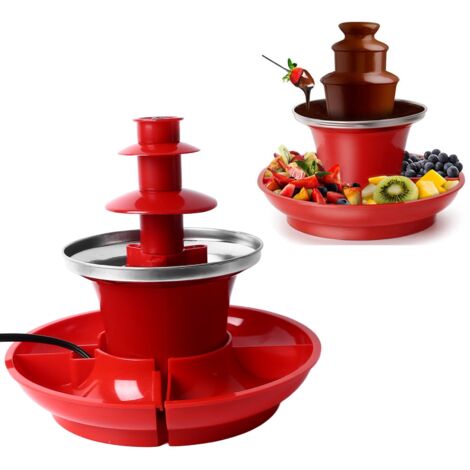 Fuente de chocolate eléctrica de tres niveles para aperitivos, que incluye cestas, brochetas de frutas y verduras, con una capacidad de 500 ml, fabricada en plástico y acero inoxidable.