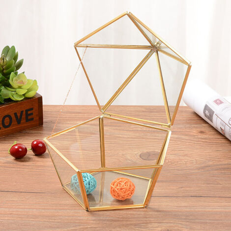 Caja de joyería tipo terrario - Caja pentagonal geométrica de vidrio y cobre para anillos de boda, plantas tropicales y decoración de interiores (17x16x16cm) (1/5)